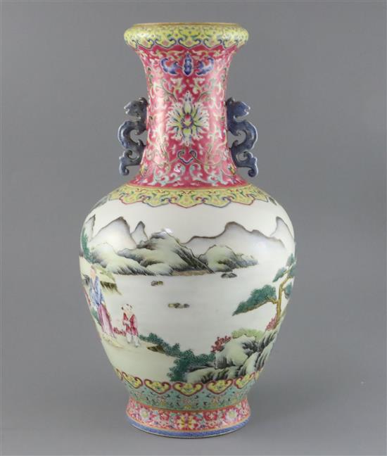 A Chinese famille rose two handled vase, possibly Republic period, H. 39.5cm